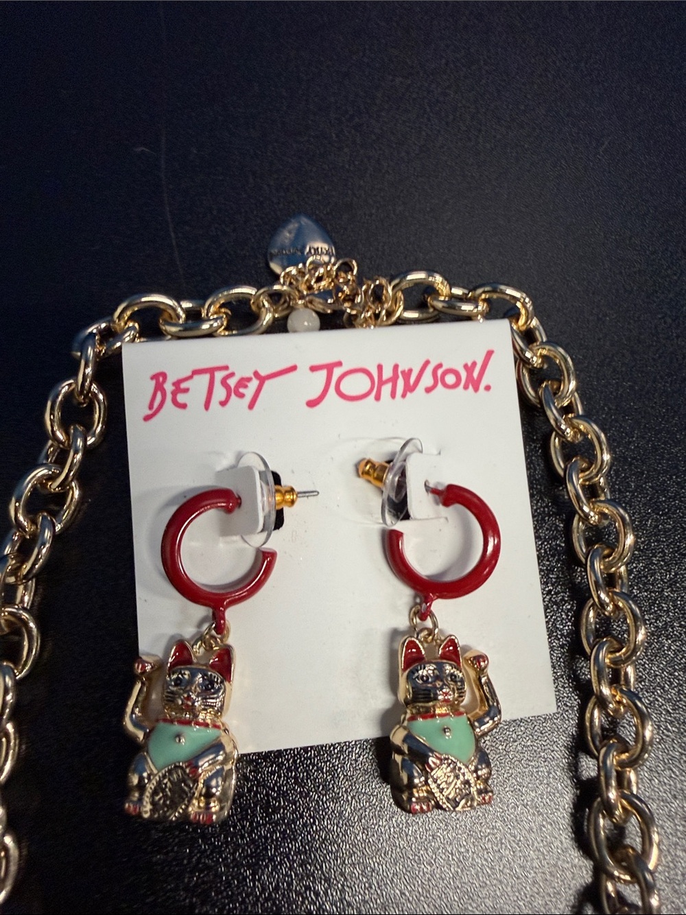 Betsey Johnson Gold-tone Lucky Cat Necklace & Earring Set in Red and Teal - Picture 3 of 3